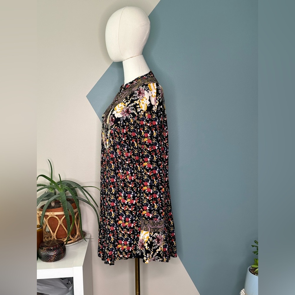Free People Floral Boho Tunic Dress Black Multicolor Rayon Long Sleeve S/M - Picture 3 of 12